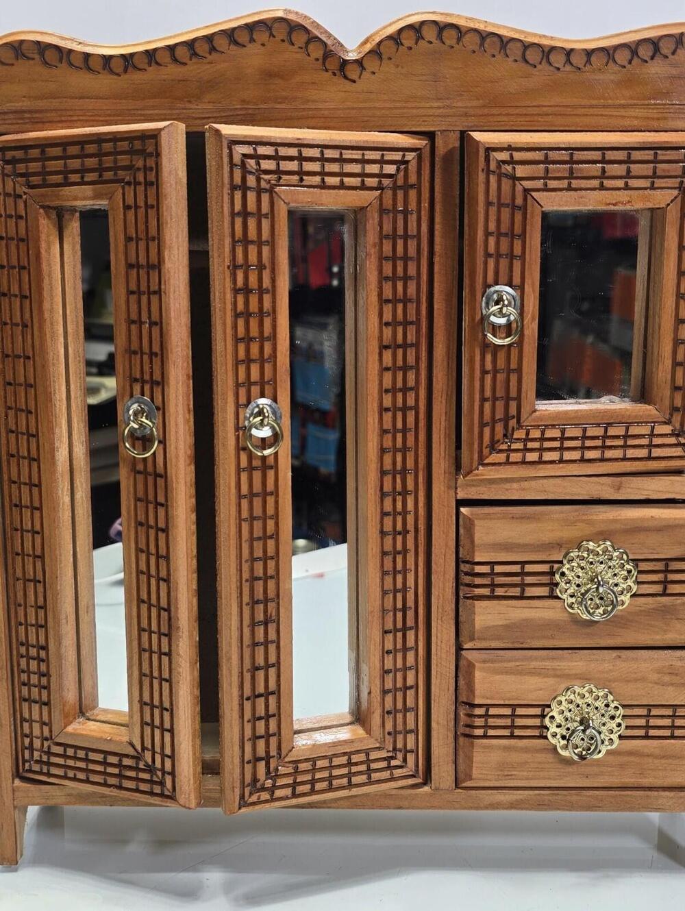 Vintage Wooden Wall Cabinet Jewelry Armoire Mirror Doors Drawers Ornate Carved